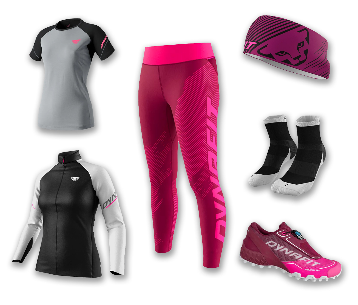 Dynafit Ultra Graphic Long Tights W – kombinace s růžovými (Beet red) legínami