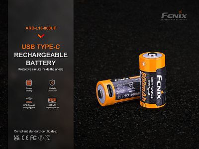 Dobíjecí baterie Fenix RCR123A 800 mAh USB-C Li-ion náhradní dobíjecí baterie