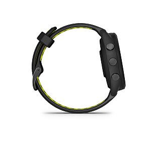 Garmin Forerunner® 265S, luneta Black, pouzdro Black, řemínek silicone Black/Yellow boční pohled tlačítka