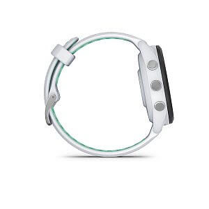 Garmin Forerunner® 265S, luneta Black, pouzdro Whitestone, řemínek silicone White/Neo boční pohled tlačítka