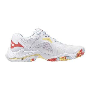 Mizuno Wave Lightning Z8 W white / calypso coral / pale banan dámské volejbalové boty do haly boční pohled