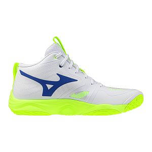 Mizuno Wave Momentum Elite MID U white / lightning yellow / dazzling blue unisex kotníkové volejbalové boty halové indoorové sálové