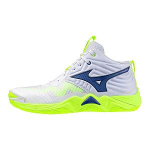 Mizuno Wave Momentum Elite MID U white / lightning yellow / dazzling blue unisex kotníkové volejbalové boty halové indoorové sálové
