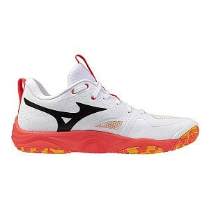 Mizuno Wave Momentum Elite U white / fiery coral 2 / citrus unisex volejbalové boty boční pohled