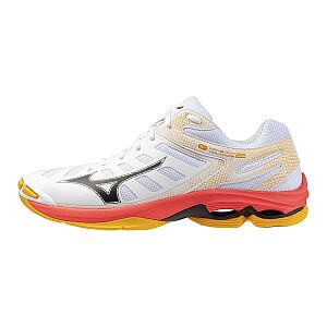 Mizuno Wave Voltage 2 U white / fiery coral 2 / citrus unisex sálové boty na volejbal boční pohled