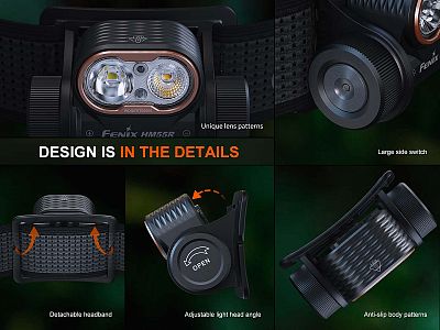 Nabíjecí čelovka Fenix HM55R celočerná top design detaily