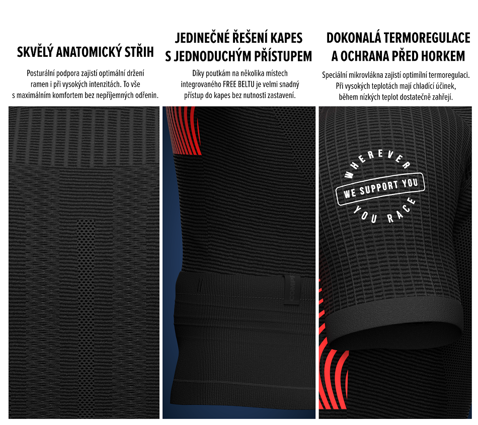 Pánský běžecký dres Compressport Trail Postural SS Top (black) - anatomický střih, jedinečné řešení kapes, dokonalá termoregulace