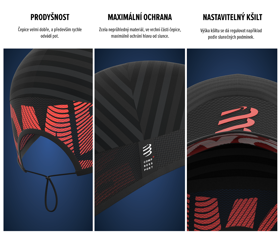 Compressport Pro Racing Cap black - klíčové vlastnosti rychleschnoucí běžecké kšiltovky s nastavitelným kšiltem.