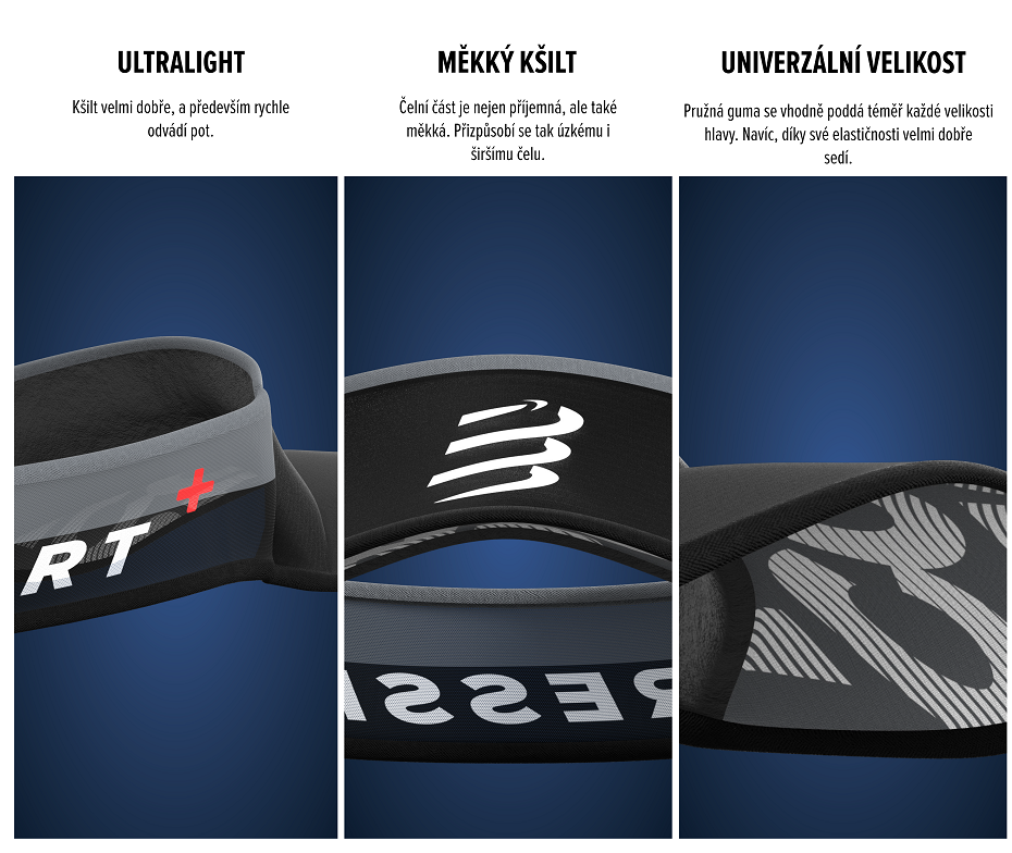 Compressport Visor Ultralight black - popis klíčových vlastností kšiltu - ultralehký, měkký kšilt s univerzální velikosti pro všechny běžce.