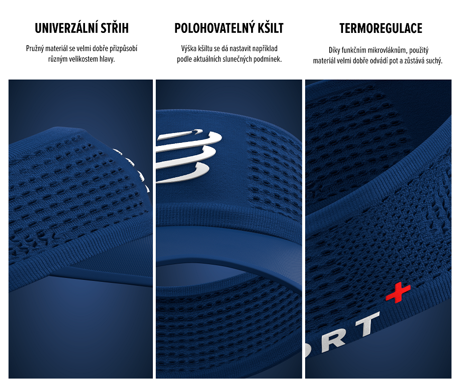 Popis klíčových vlastností sportovní kompresní čelenky s kšiltem Compressport Spiderweb Headband On/Off Black - univerzální velikost/střih, polohovatelný kšilt, výborná termoregulace.