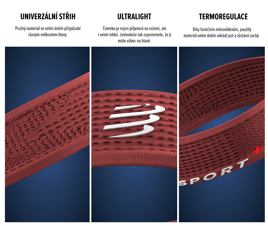 Popis klíčových vlastností sportovní kompresní čelenky Compressport Thin Headband On/Off Coral - univerzální velikost/střih, ultra lehká, výborná termoregulace.