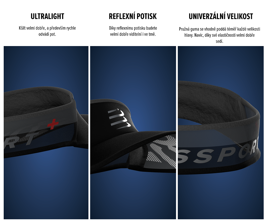 Popis vlastností kšiltu Compressport Visor Ultralight Flash black - ultra lehký, reflexní potisk, univerzální velikost.