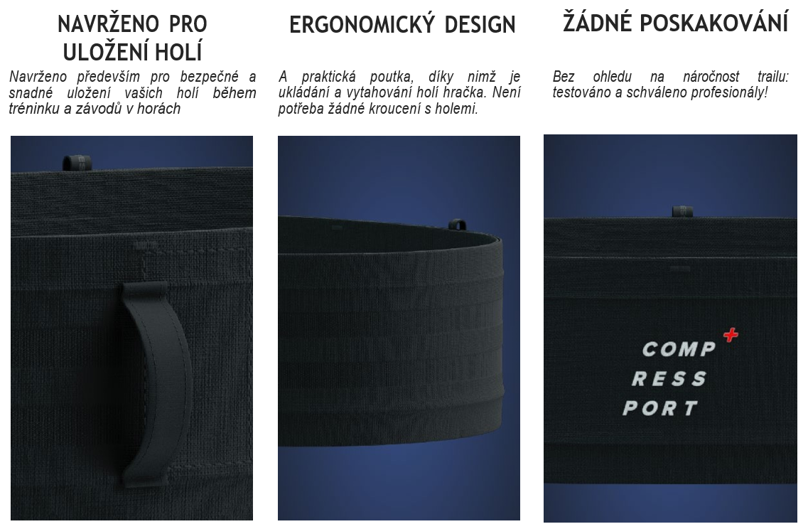 Popis klíčových vlastností běžeckého pásu Compressport Free Belt Mini black, který funguje jako jedna velká ledvinka (kapsa) - elastický design, který padne všem, jednoduchý přístup, možnost uložení holí.