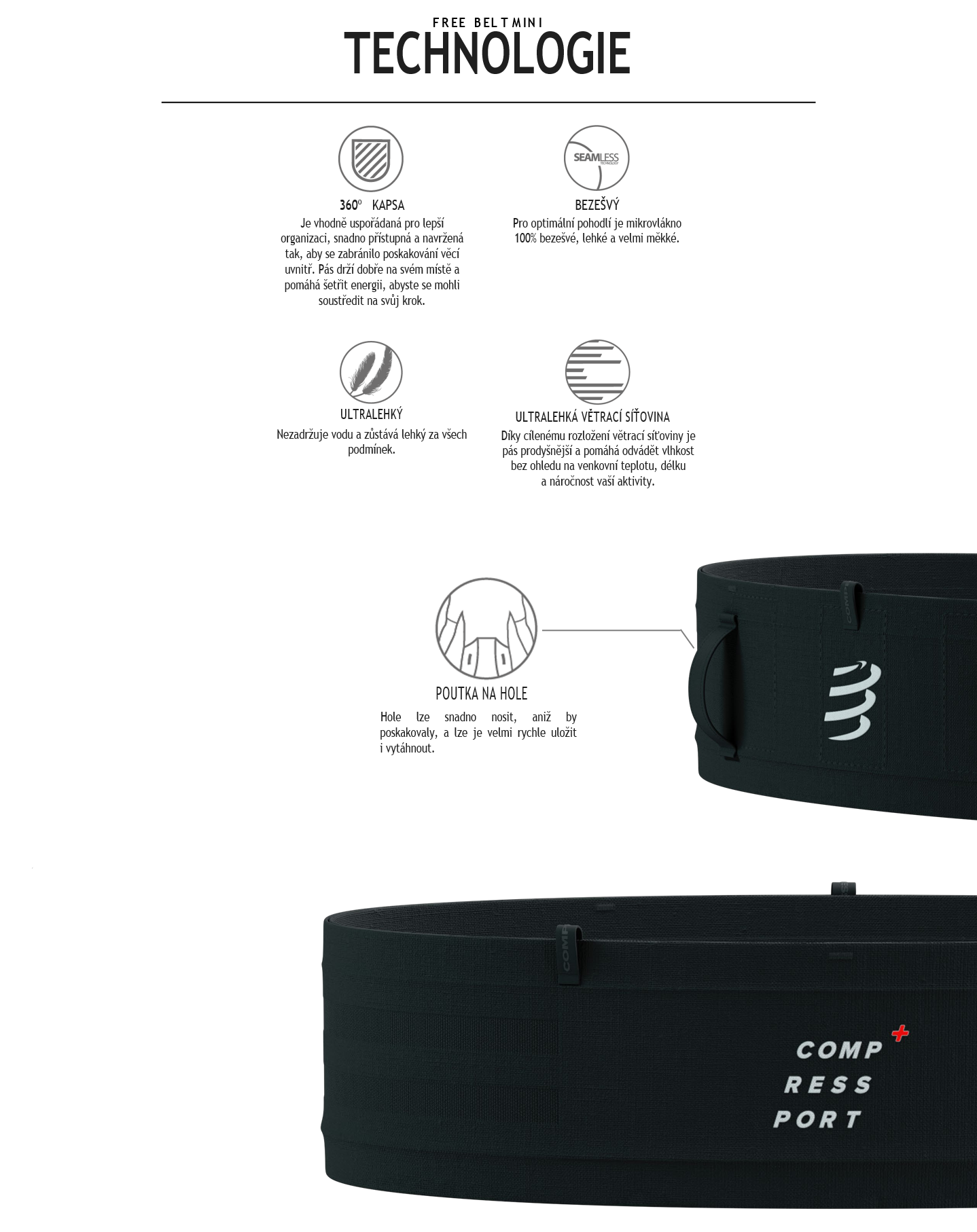 Popis klíčových technologií a vlastností běžeckého pásu Compressport Free Belt Mini black, který funguje jako jedna velká ledvinka (kapsa).